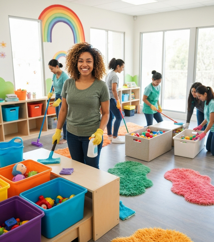Trained cleaner disinfecting childcare centre classroom in Wollongong