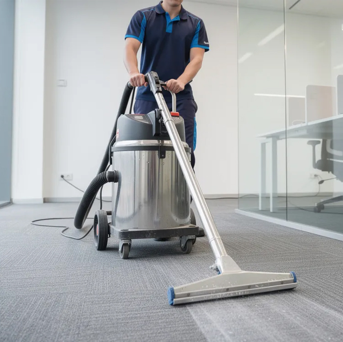 Commercial cleaning technician using carpet cleaning machine