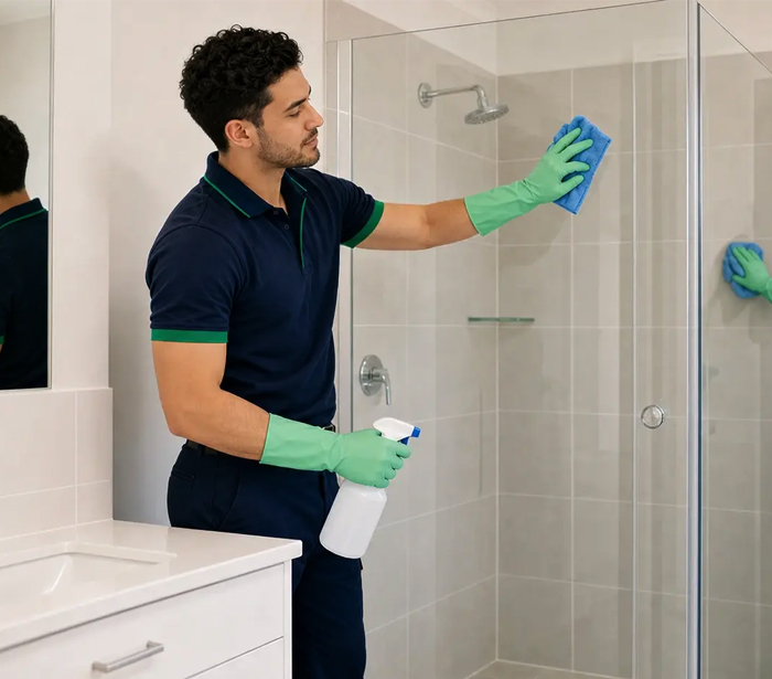 Professional cleaner disinfecting a commercial workspace